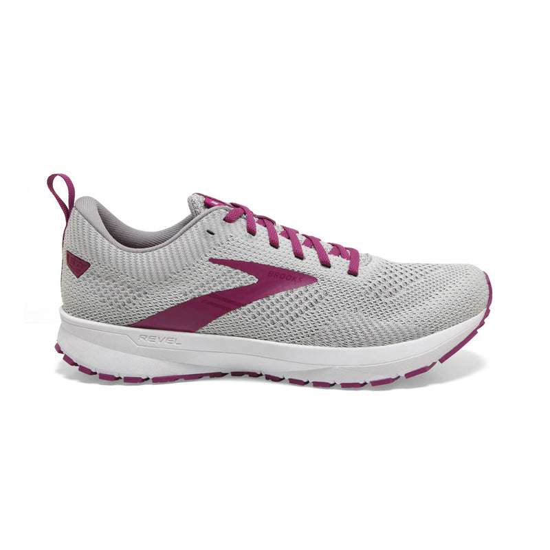 Women's Brooks Revel 5, Grey/White/Baton Rouge, 6.5 B Medium