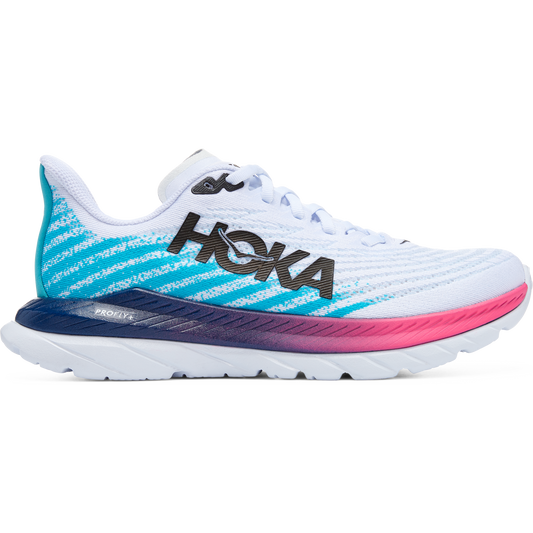 Women's Hoka One One Mach 5, White/Scuba Blue, 10 B Medium